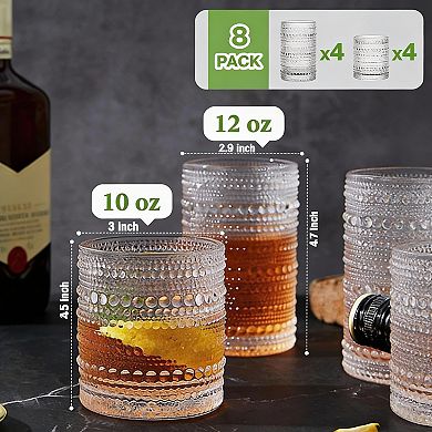 Set of 8 Glassware: 4x12oz & 4x10oz Clear Glasses for Drinks