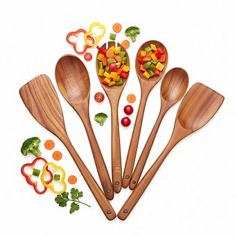 6 pc Teak Wooden Spoon Set for Cooking Heat Resistant and Easy to Clean