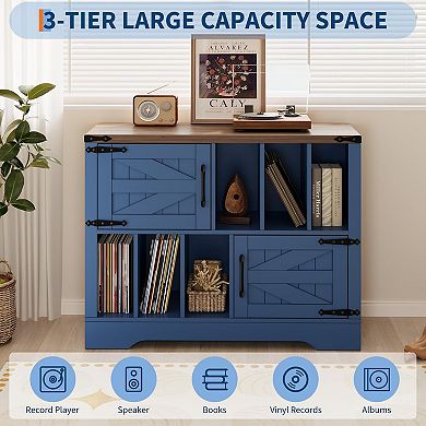 39in Large Vinyl Record Storage, Farmhouse Wood Turntable Record Player Stand with Storage Cabinet