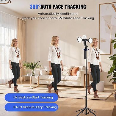 360° AI Face Tracking Tripod for iPhone, 4-in-1 Functionality, LED Ring Lights, Remote Control
