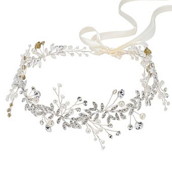 Crystal Bridal Headpiece with Metal Leaves and Pearls