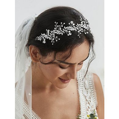 Crystal Bridal Headpiece with Metal Leaves and Pearls