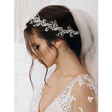 Crystal Bridal Headpiece with Metal Leaves and Pearls