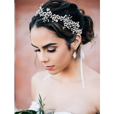 Crystal Bridal Headpiece with Metal Leaves and Pearls