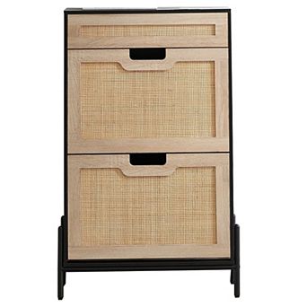 Fancihabor Natural Rattan Shoe Storage Cabinet with 2 Flip Doors, Metal Legs & Adjustable Shelf