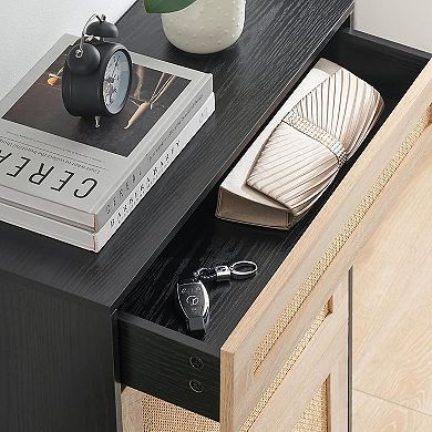 Fancihabor Natural Rattan Shoe Storage Cabinet with 2 Flip Doors, Metal Legs & Adjustable Shelf