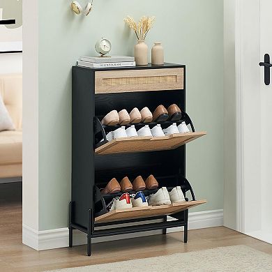 Fancihabor Natural Rattan Shoe Storage Cabinet with 2 Flip Doors, Metal Legs & Adjustable Shelf
