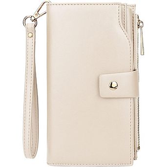 AKSZRI Leather RFID Wallet for Women - Large Capacity Wristlet Purse with Card Organizer