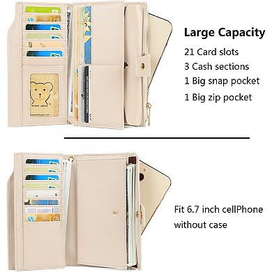 AKSZRI Leather RFID Wallet for Women - Large Capacity Wristlet Purse with Card Organizer