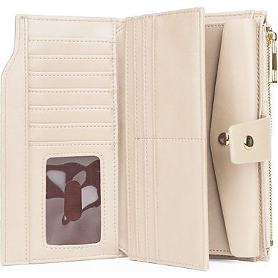 AKSZRI Leather RFID Wallet for Women - Large Capacity Wristlet Purse with Card Organizer