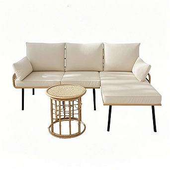 IDEALHOUSE 3 pc L-Shaped Patio Set with Detachable Lounger & Tempered Glass Table