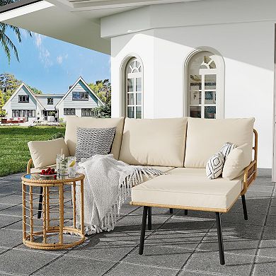 IDEALHOUSE 3-Piece L-Shaped Patio Set with Detachable Lounger & Tempered Glass Table
