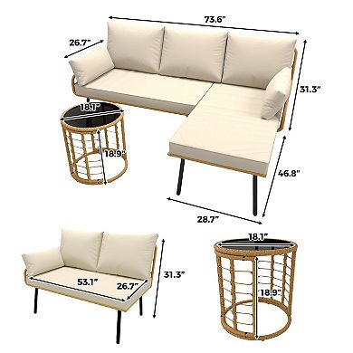 IDEALHOUSE 3-Piece L-Shaped Patio Set with Detachable Lounger & Tempered Glass Table