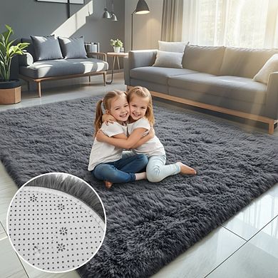 Machine Washable 5x8 Shaggy Area Rug, Soft Fluffy for Living Room & Bedroom, Grey