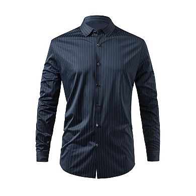 Men's Dress Shirt Striped Slim Fit Stretchy Button-Down Long Sleeve Wrinkle-Free