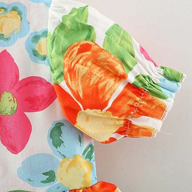 Baby Floral Pattern Short Sleeve Crewneck Dress with Purse