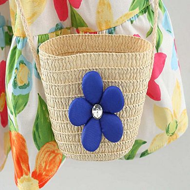 Baby Floral Pattern Short Sleeve Crewneck Dress with Purse