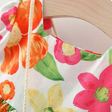 Baby Floral Pattern Short Sleeve Crewneck Dress with Purse