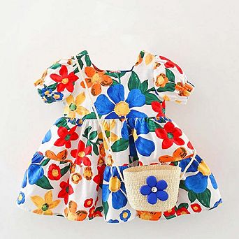 Baby Floral Pattern Short Sleeve Crewneck Dress with Purse