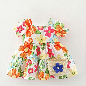Baby Floral Pattern Short Sleeve Crewneck Dress with Purse