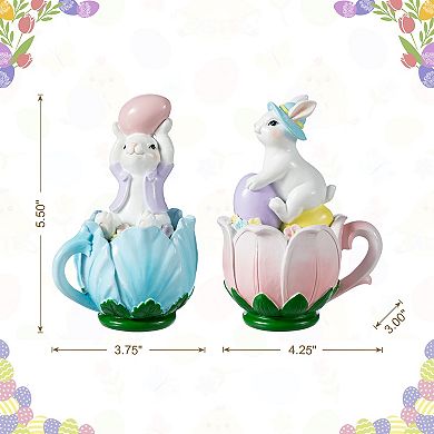 Glitzhome Set of 2 Easter Resin Bunny on Tulip Mug Table Decor