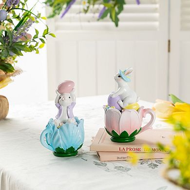Glitzhome Set of 2 Easter Resin Bunny on Tulip Mug Table Decor