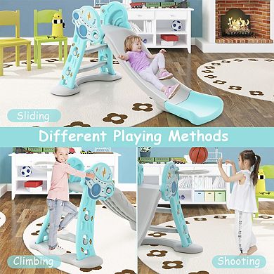 3-in-1 Folding Slide Playset with Basketball Hoop and Small Basketball-Blue