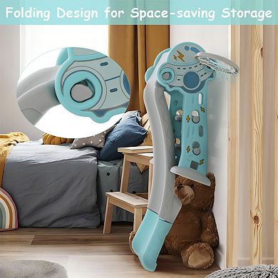 3-in-1 Folding Slide Playset with Basketball Hoop and Small Basketball-Blue