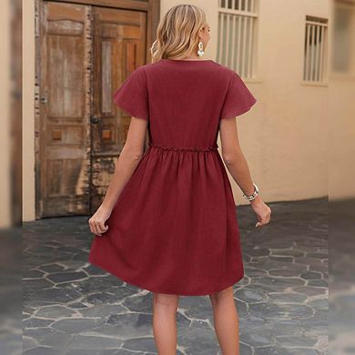 Pleated Vacation V-neck Short Sleeved Ruffled Women's Skirt