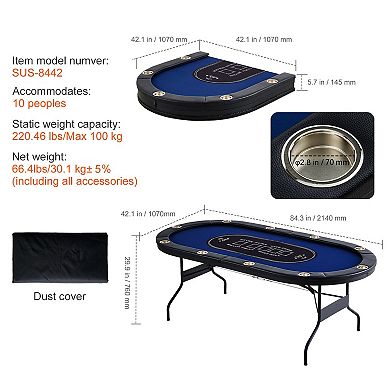 10 Player Foldable Poker Table with Padded Rails and Cup Holders 84 in Oval Casino Card Table