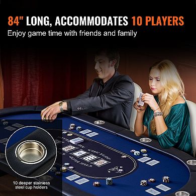 10 Player Foldable Poker Table with Padded Rails and Cup Holders 84 in Oval Casino Card Table