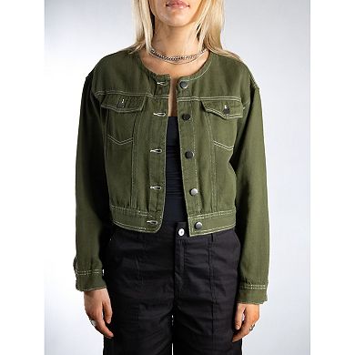 Jess by Meiko Women's Mini Collarless Moisture Resistant Denim Jacket