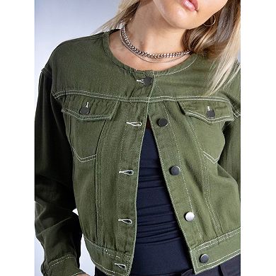 Jess by Meiko Women's Mini Collarless Moisture Resistant Denim Jacket