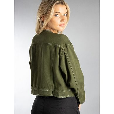 Jess by Meiko Women's Mini Collarless Moisture Resistant Denim Jacket