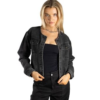 Jess by Meiko Women's Mini Collarless Moisture Resistant Denim Jacket