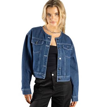 Jess by Meiko Women's Mini Collarless Moisture Resistant Denim Jacket