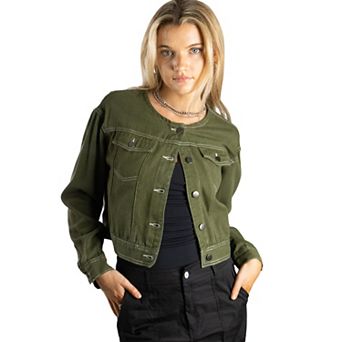 Jess by Meiko Women's Mini Collarless Moisture Resistant Denim Jacket