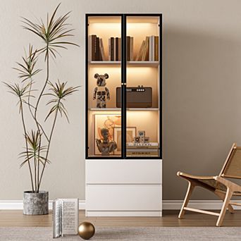Modern White China Cabinet Lighted Dining Cabinet, Wooden 3 tier Curio Display Storage Cabinet