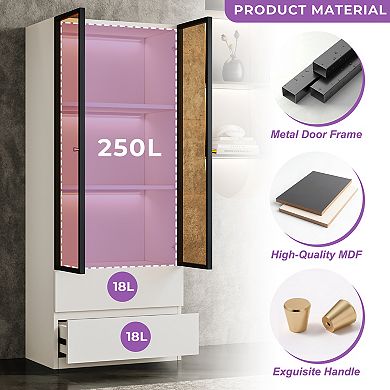 White Glass Display Cabinet, Wood 3-Tier Display Case, Modern Hutch China Cabinet with Storage