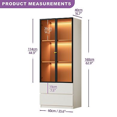 White Glass Display Cabinet, Wood 3-Tier Display Case, Modern Hutch China Cabinet with Storage