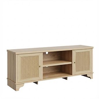 Rattan TV Stand for TVs Up to 65 in Boho Entertainment Center, Wooden Media Console Table