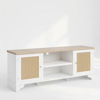 Rattan TV Stand for TVs Up to 65 in Boho Entertainment Center, Wooden Media Console Table