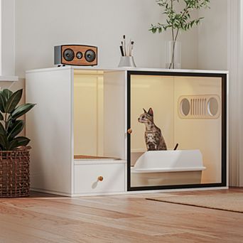 37.4'' W Modern White Cat Litter Box Enclosure Furniture Style, Hidden Cat Cabinet With Glass Door