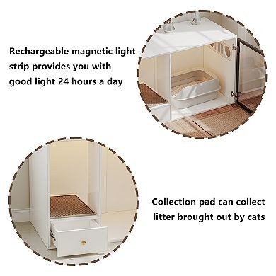 Large Pet House, Modern Litter Box Enclosure with Storage, White Hidden Cat Litter Box Cabinet