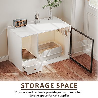 Large Pet House, Modern Litter Box Enclosure with Storage, White Hidden Cat Litter Box Cabinet