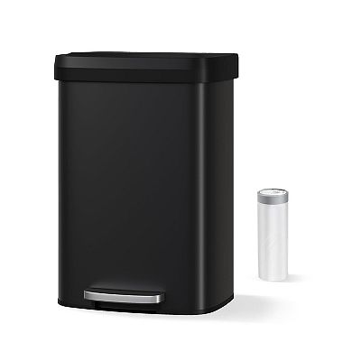 13 gal Trash Can with Lid, Stainless Steel Step-on Garbage Bin with Rear Handle