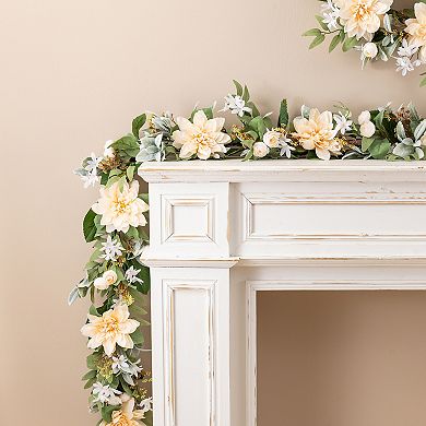 Glitzhome 6ft Peach Dahlia Floral Garland, Decorative Garland for Mantle, Table, Fireplace