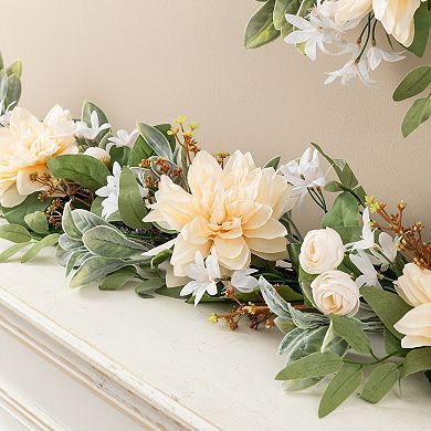 Glitzhome 6ft Peach Dahlia Floral Garland, Decorative Garland for Mantle, Table, Fireplace