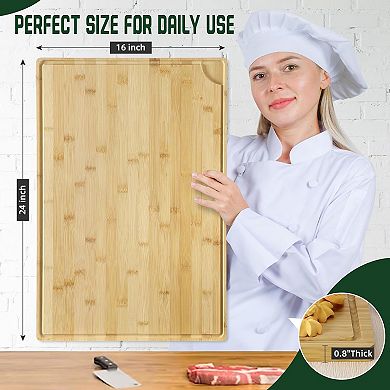 24x16 Inch Large Cutting Board, 0.8" Thick Butcher Block with Deep Juice Groove & Handles