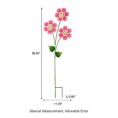 Glitzhome 36"H Garden Metal Triple Happy Face Flower Yardstake, Wall Decor